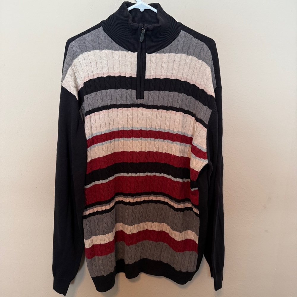 Vtg Russel Simmons Argyle Culture Striped Quarter Zip Cotton Sweater Men’s 2XL